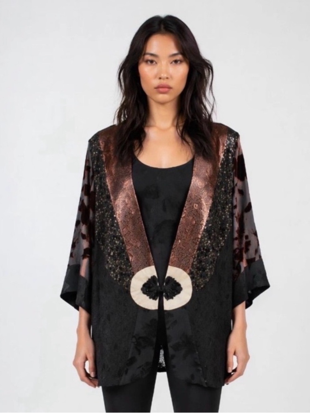 Vintage 90’s Violet Kay Kimono Top, Single Knot Button, 3/4 Long Bell Sleeve, XL